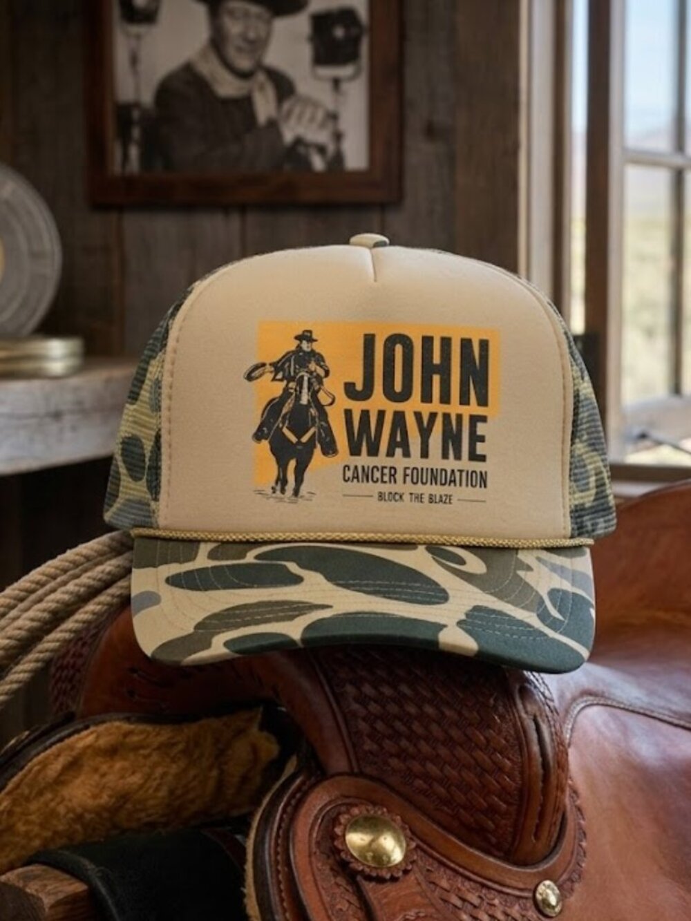 Retro John Wayne Cancer Foundation Camo Rope Hat Tan Foam Trucker Snapback New!!